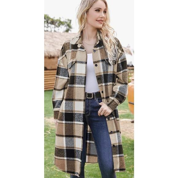 Plaid Shacket Button Wool Blend Long Tartan Trench Coat with Pockets SIZE SMALL - Picture 6 of 6